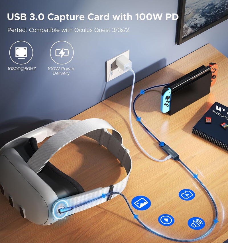 Warrky بطاقة التقاط الفيديو مع 100 واط من الطاقة وUSB-C بزاوية قائمة | 1080P 60Hz HD | بطاقة التقاط البث مصممة لـ Quest 3 / iPad، متوافقة مع Switch وPS5 وPS4 - Image 3